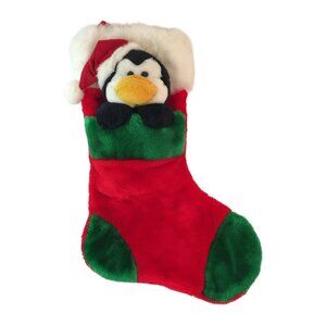Vintage Prima Creations Penquin Plush Christmas Stocking 3D Green Red